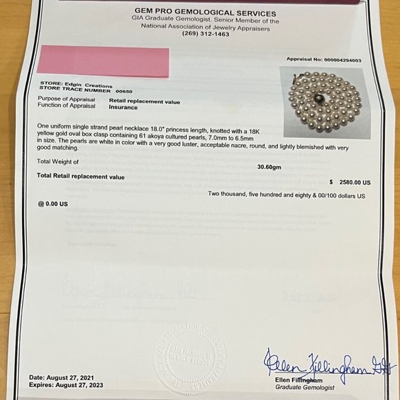 Pearls - Akoya Cultured Pearl Necklace (appraised) 18.0" Princess Length - Picture 2 of 2